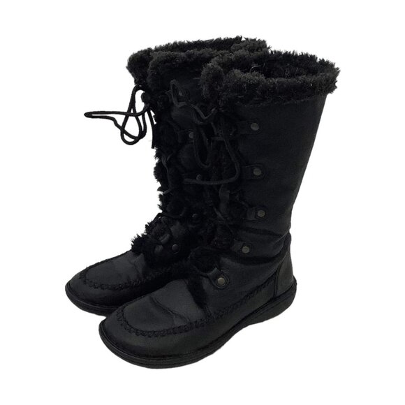 B.O.C Born Size 6.5 EU 37 Black Boots Oiled Leather Lace up Side Zip Fur Lined - Picture 2 of 12